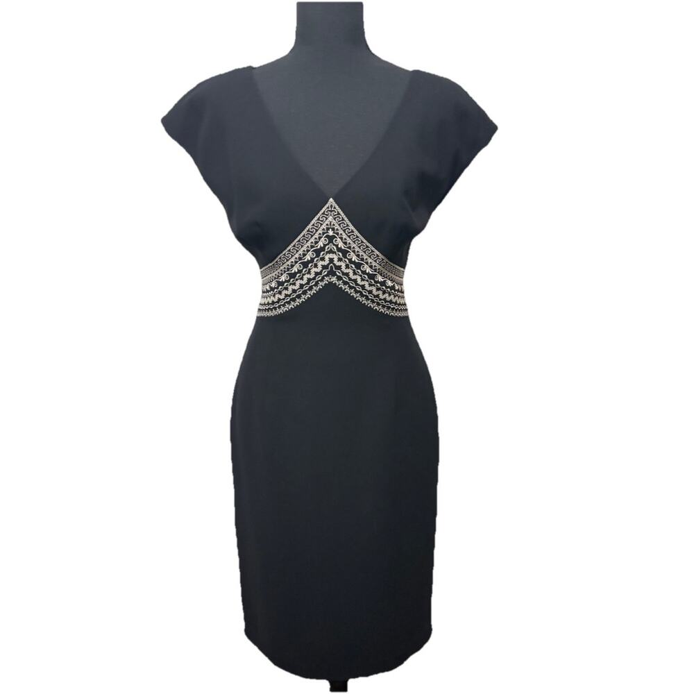 Maggy London Black Embroidered Sheath Dress Size 4 Cap Sleeve